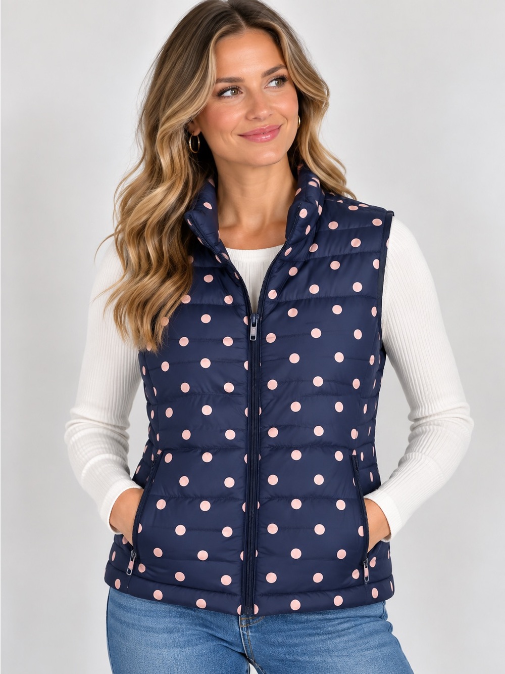 NWOT Navy Polka Dot Puffer Vest - Brand Unspecified Fleece Lined Pockets
